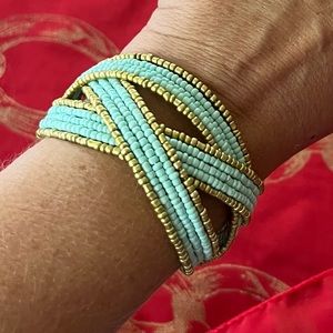 Women Boho Bracelet Blue Teal Hold Beaded Braided Cuff Costume Fashion Jewelry
